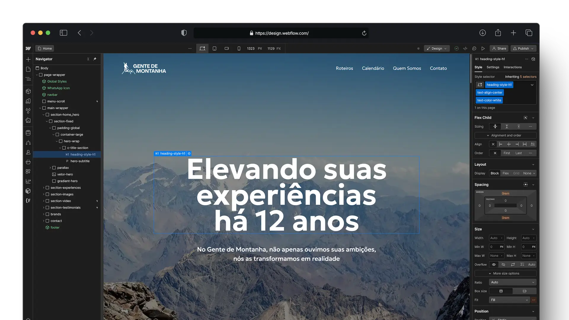 Interface do Webflow mostrando o projeto Gente de Montanha, criado e desenvolvimento pela RMD Soluções Digitais, do designer Rafael Machado.